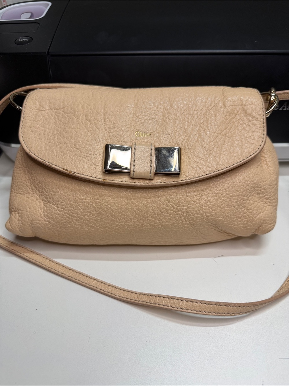 Chloé Cream Pebbled Leather Crossbody with Bow Accent